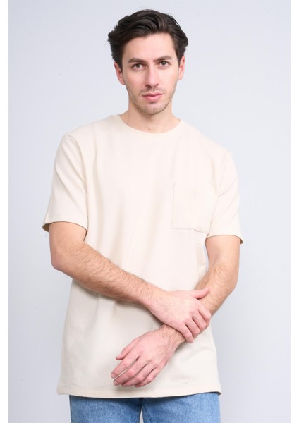 Çetinkaya Mentality 3414 Bisiklet Yaka Petek Örme Regular Cepli T-Shirt Vizon