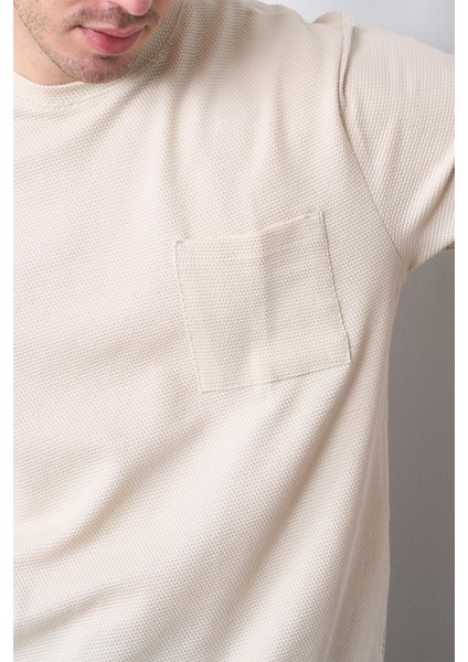 Çetinkaya Mentality 3414 Bisiklet Yaka Petek Örme Regular Cepli T-Shirt Vizon