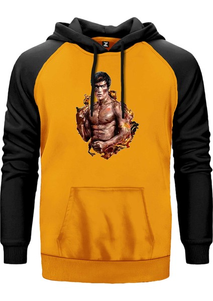 Bruce Lee Kick Dragon Sarı Renk Reglan Kol Kapşonlu Sweatshirt