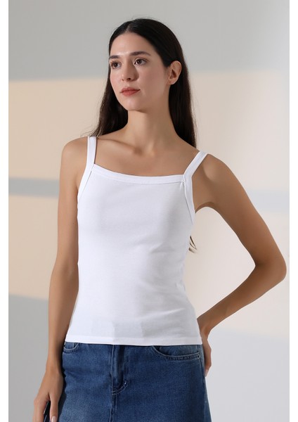 Ribana Kumaş Kare Yaka Kalın Askılı Biyeli Basic Kadın Atlet T-Shirt 22018 Beyaz