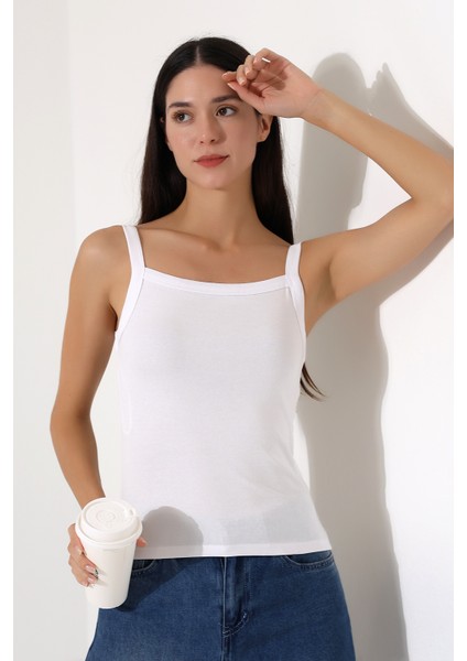 Ribana Kumaş Kare Yaka Kalın Askılı Biyeli Basic Kadın Atlet T-Shirt 22018 Beyaz modelleri