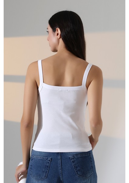 Ribana Kumaş Kare Yaka Kalın Askılı Biyeli Basic Kadın Atlet T-Shirt 22018 Beyaz fırsatları