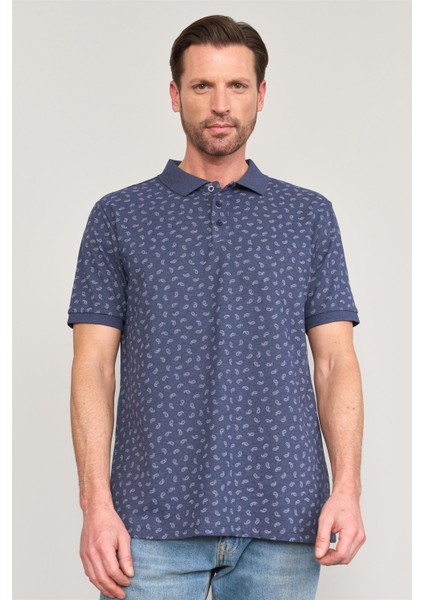 Çetinkaya Mentality 4137 Polo Yaka Rejenere Pike Metraj Baskı Regular T-Shirt Indigo