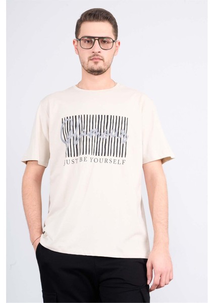 Çetinkaya Mentality 3699 Bisiklet Yaka Penye Regular Baskılı Tshirt Vizon