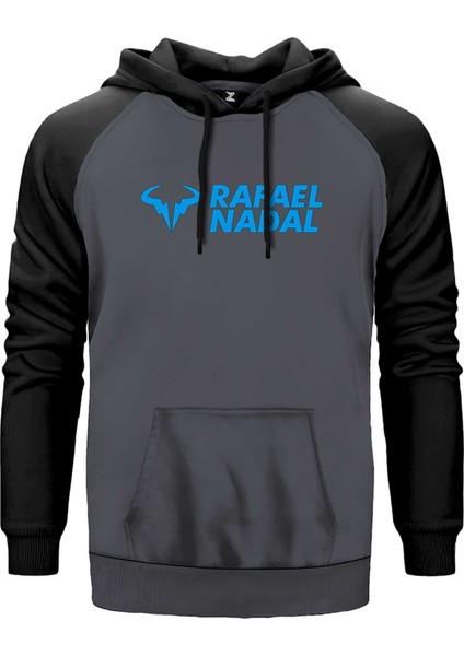 Rafael Nadal Blue Logo Text Gri Renk Reglan Kol Kapşonlu Sweatshirt