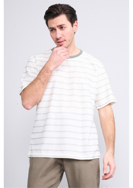 3871 Erkek Bisiklet Yaka 30/1 Jakarlı T-Shirt Krem