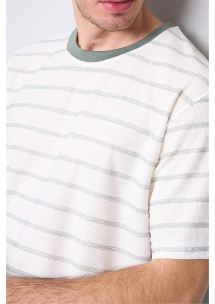 3871 Erkek Bisiklet Yaka 30/1 Jakarlı T-Shirt Krem modelleri
