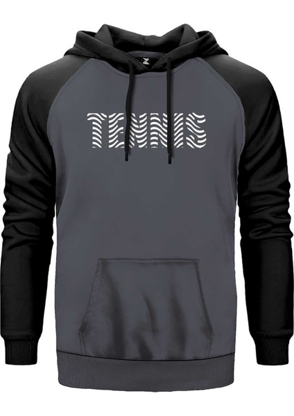 Tennis Text Gri Renk Reglan Kol Kapşonlu Sweatshirt
