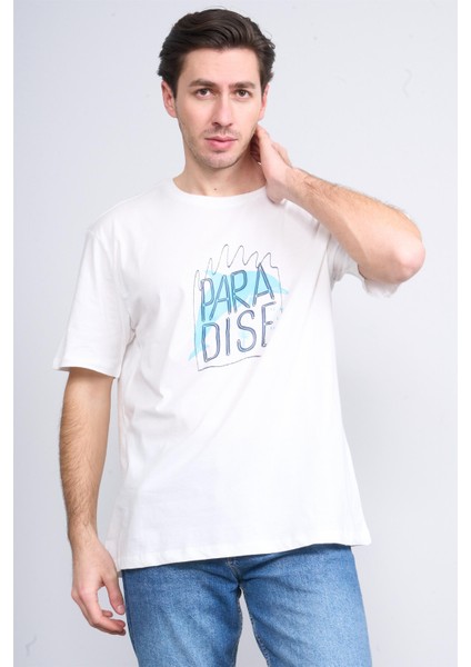 Çetinkaya Chester Polo 3836 Bisiklet Yaka 30/1 Penye Regular Baskılı T-Shirt Krem