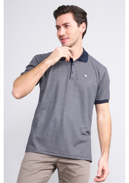 4004 Erkek Polo Yaka Puantiyeli T-Shirt Lacivert-Beyaz