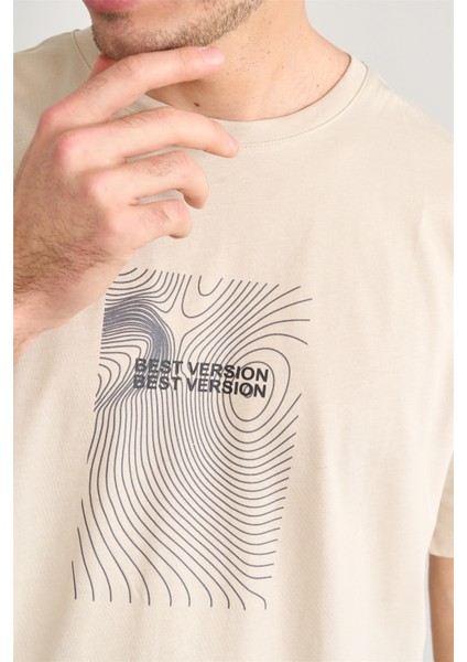 Çetinkaya Mentality 3736 Bisiklet Yaka Penye Regular Baskılı Tshirt Vizon modelleri