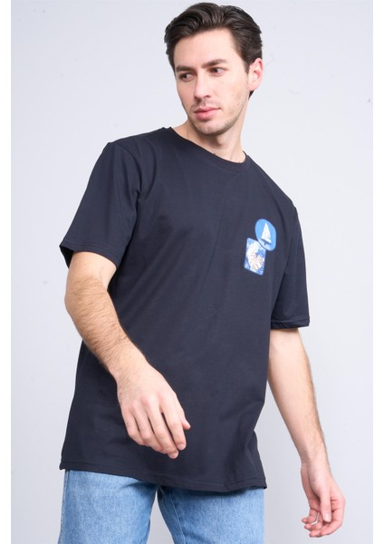 Çetinkaya Chester Polo 3858 Bisiklet Yaka 30/1 Penye Regular Baskılı T-Shirt Lacivert