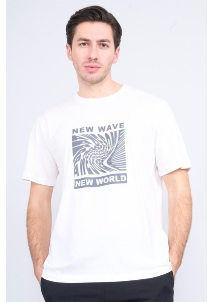 Çetinkaya Mentality 3698 Bisiklet Yaka Penye Regular Baskılı T-Shirt Krem