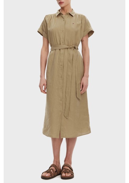 Logolu % 100 Keten Regular Fit Kemerli Gömlek Elbise Bayan Gömlek Elbise WW0WW44653 Aeh
