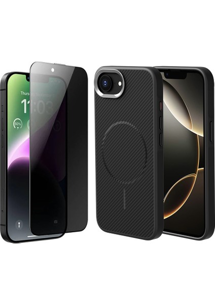 Apple iPhone 16E Kılıf M-safe Şarj Özellikli Karbon Fiber Görünümlü Zore Troy Kapak + Hayalet Ekran Koruyucu