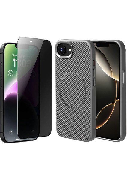 Apple iPhone 16E Kılıf M-safe Şarj Özellikli Karbon Fiber Görünümlü Zore Troy Kapak + Hayalet Ekran Koruyucu