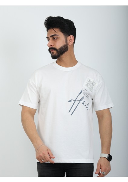 Erkek Bisiklet Yaka Baskılı Nakışlı Oversize Tişört