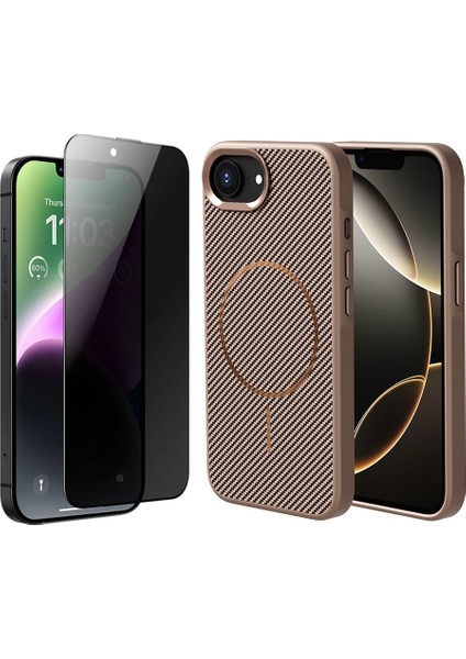 Apple iPhone 16E Kılıf M-safe Şarj Özellikli Karbon Fiber Görünümlü Zore Troy Kapak + Hayalet Ekran Koruyucu