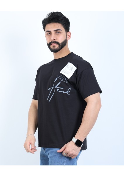 Erkek Bisiklet Yaka Baskılı Nakışlı Oversize Tişört
