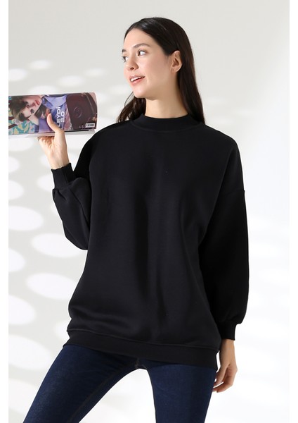 Yarım Balıkçı Yaka Şardonlu Salaş Basic Kadın Oversize Tunik Sweatshirt 21910 Siyah