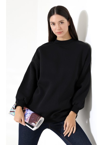 Yarım Balıkçı Yaka Şardonlu Salaş Basic Kadın Oversize Tunik Sweatshirt 21910 Siyah fiyatları