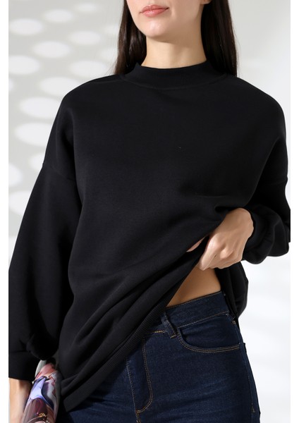 Yarım Balıkçı Yaka Şardonlu Salaş Basic Kadın Oversize Tunik Sweatshirt 21910 Siyah modelleri