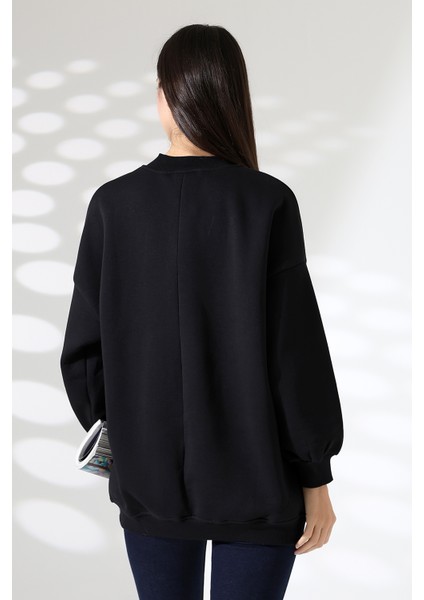 Yarım Balıkçı Yaka Şardonlu Salaş Basic Kadın Oversize Tunik Sweatshirt 21910 Siyah fırsatları