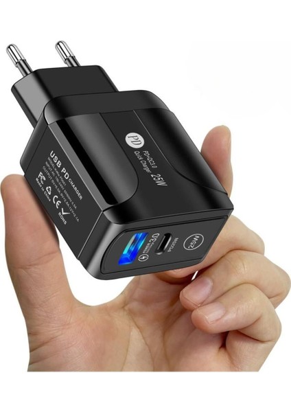 25W 1 USB + 1 Type-C Girişli Hızlı Şarj Adaptörü