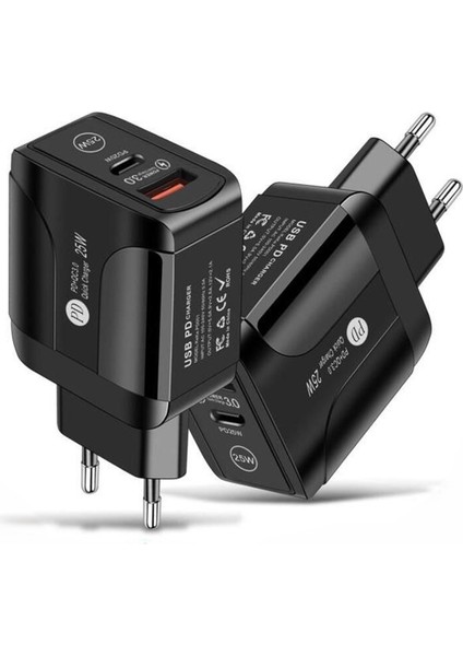 25W 1 USB + 1 Type-C Girişli Hızlı Şarj Adaptörü
