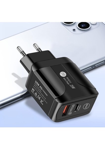 25W 1 USB + 1 Type-C Girişli Hızlı Şarj Adaptörü