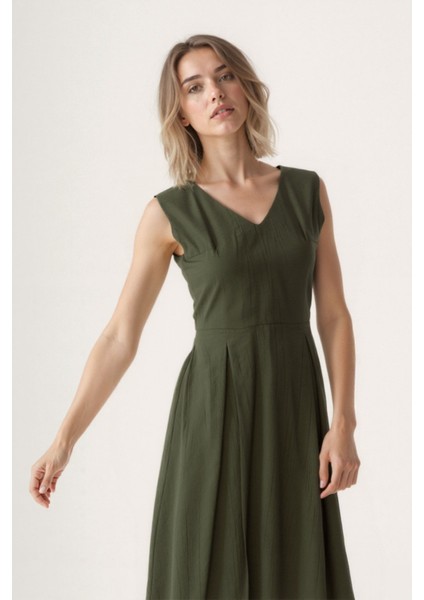 V Yaka Kuşaklı Krinkıl Kumaş Midi Elbise modelleri