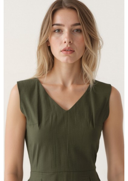 V Yaka Kuşaklı Krinkıl Kumaş Midi Elbise indirimleri