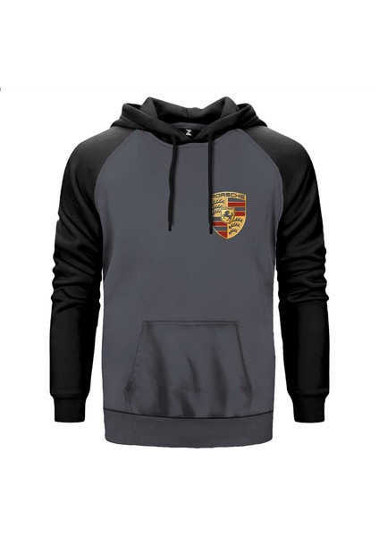 Porsche Logo Gri Renk Reglan Kol Kapşonlu Sweatshirt
