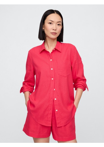 Kadın Kırmızı Keten Karışımı Easy Gömlek
