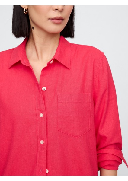 Kadın Kırmızı Keten Karışımı Easy Gömlek modelleri