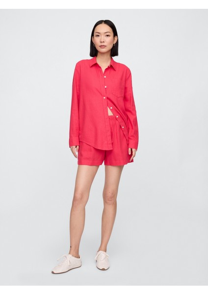 Kadın Kırmızı Keten Karışımı Easy Gömlek fırsatları