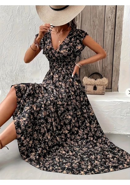 Kadın Kısa Kollu Kruvaze Yaka Beli Lastikli Çiçek Desenli Elbise