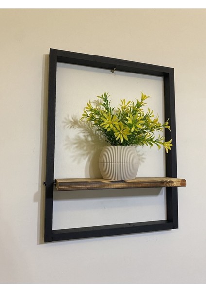 Tekli Lüx Dekoratif Siyah Ahşap Çerçeveli Raf Çiçeklik Duvar Süsü Ev Antre Hol Balkon Süsü