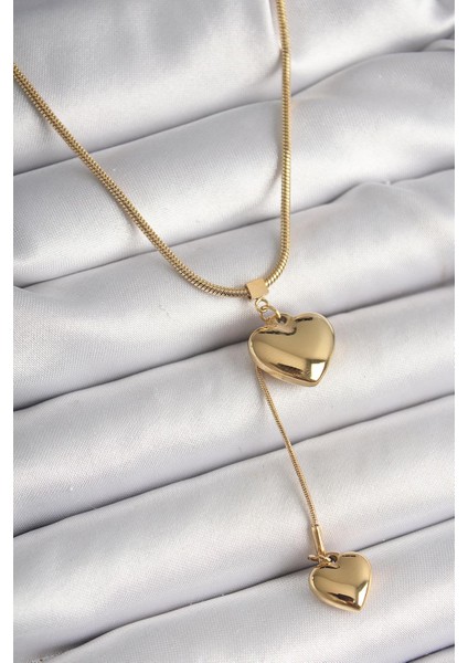 Çelik Gold Renk Tüp Zincir Model 3D Sallantı Kalp Model Kadın Kolye