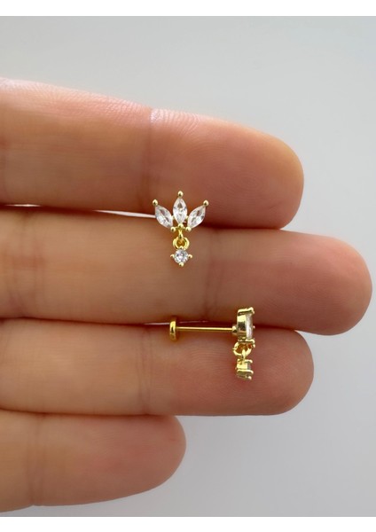 Zirkontaşlı Arkası Düz Önden Takmalı 1 Adet Tragus Helix Lobe Uyumlu Piercing