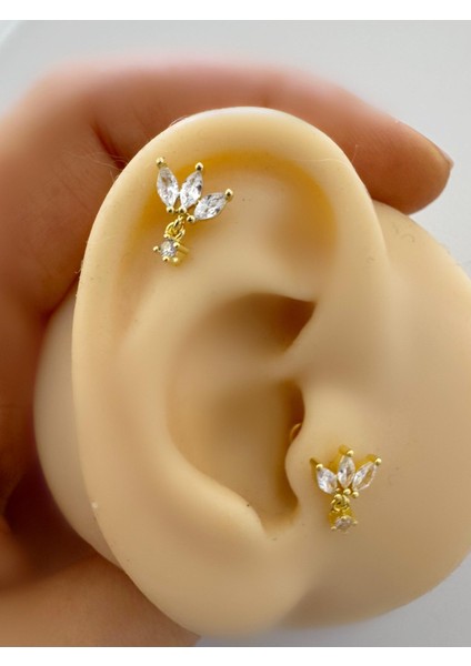 Zirkontaşlı Arkası Düz Önden Takmalı 1 Adet Tragus Helix Lobe Uyumlu Piercing