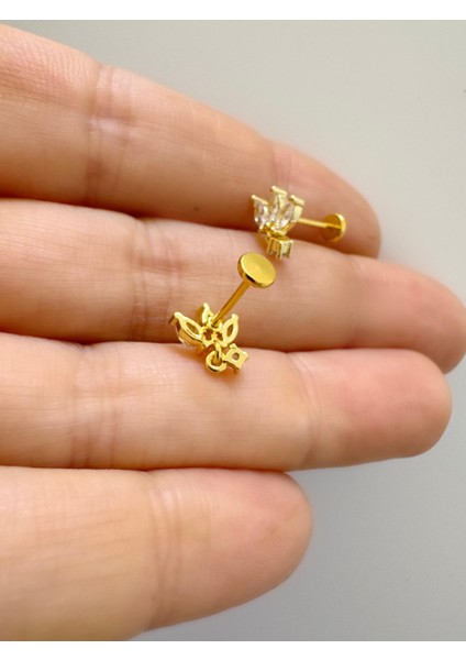 Zirkontaşlı Arkası Düz Önden Takmalı 1 Adet Tragus Helix Lobe Uyumlu Piercing