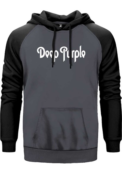 Deep Purple Text Gri Renk Reglan Kol Kapşonlu Sweatshirt