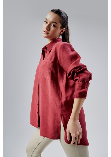 Bordo Yırtmaç Detaylı Oversize Gömlek