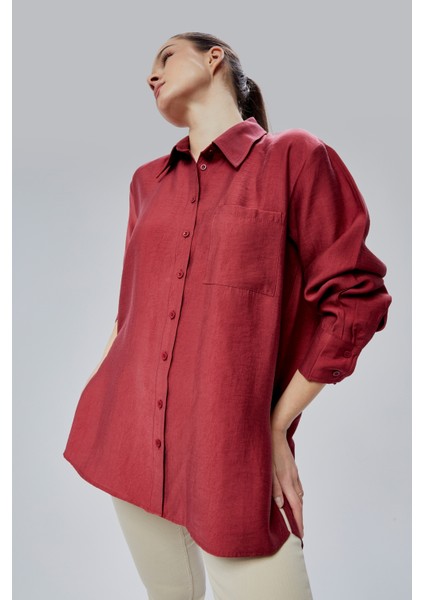 Bordo Yırtmaç Detaylı Oversize Gömlek