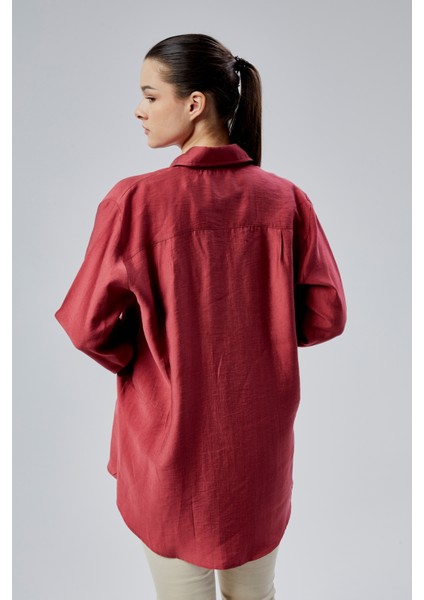Bordo Yırtmaç Detaylı Oversize Gömlek