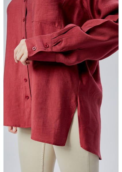 Bordo Yırtmaç Detaylı Oversize Gömlek