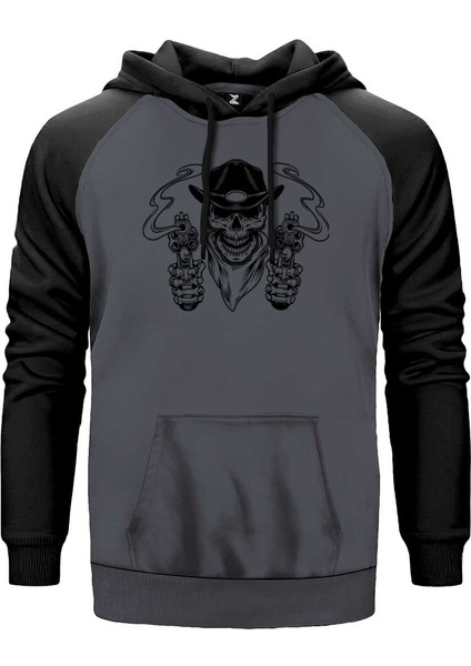 Kovboy Skull Bandana Gri Renk Reglan Kol Kapşonlu Sweatshirt