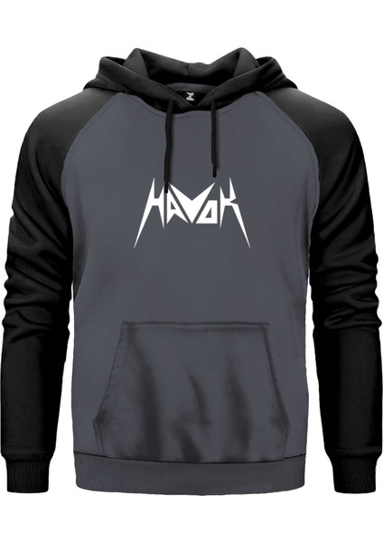 Havok Logo Text Gri Renk Reglan Kol Kapşonlu Sweatshirt