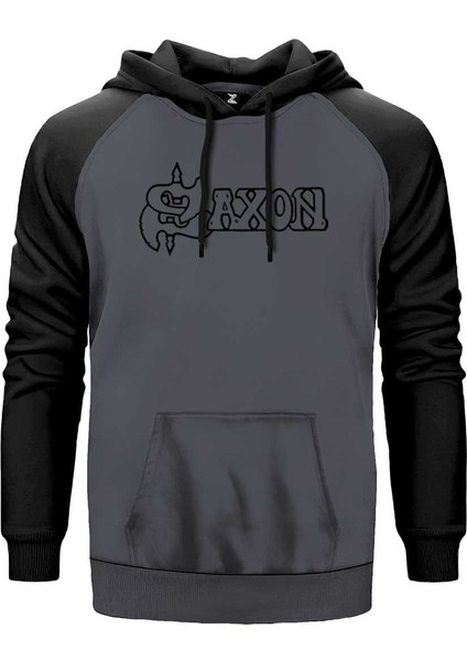 Saxon Logo Text Gri Renk Reglan Kol Kapşonlu Sweatshirt